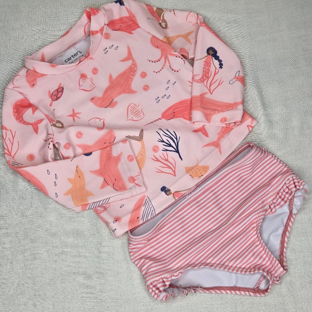 Carter's Pink/Peach Whale Print Girls Long Sleeve Swim Set Size 18mo.